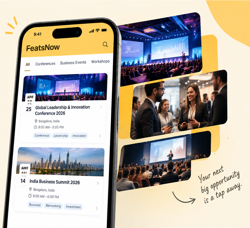 FeatsNow app showing upcoming conferences and business events